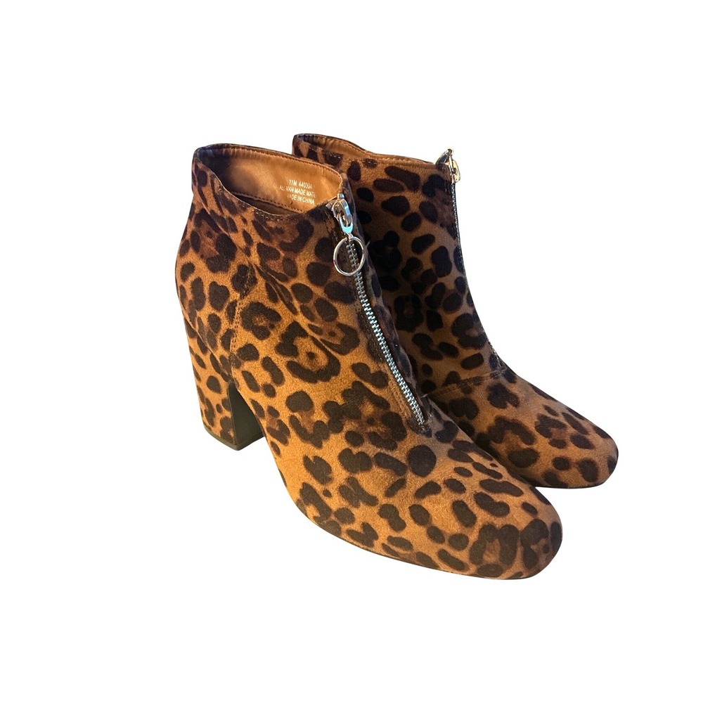 Comfort Leopard Print Faux Suede Front Zip Block Heel Ankle Boots Women 11M